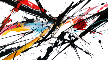 Colorful paint splattering on transparent background, dynamic brushstrokes creating abstract art