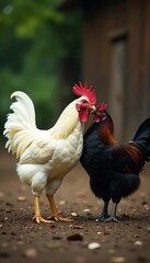 Fototapeta premium White rooster mating with black hen in farmyard , poultry, rooster, barnyard