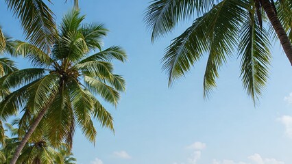 Bright blue sky with a few fluffy clouds, framed by lush green palm tree fronds swaying gently in the breeze.