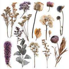 Naklejka premium Collection of Dried Flowers and Botanicals in Various Shapes and Colors for Artistic Decoration and Design Inspiration