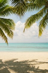 Tranquil beach scene with palm trees framing the view of clear turquoise waters and soft sandy shore under a bright sky.