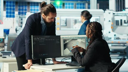 Photovoltaics factory system administrator coding, presenting progress to manager. Solar panels plant admin building environmentally safe solar cells chatting with team leader, camera B