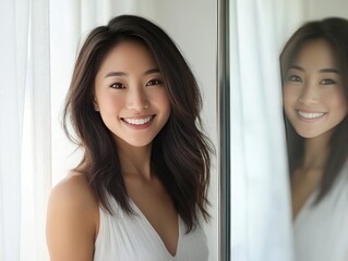 Fototapeta premium Radiant Asian Beauty Captured in a Mirror Reflection Showcasing Flawless Skin and Refreshing Confidence After a Luxurious Facial Treatment Session