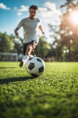 Obraz premium People playing soccer game in field.