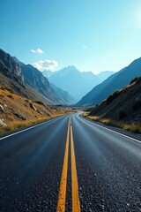 Naklejka premium Empty asphalt road curves through mountains, clear sky , background, asphalt