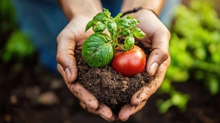 Hands holding a young tomato plant and soil.