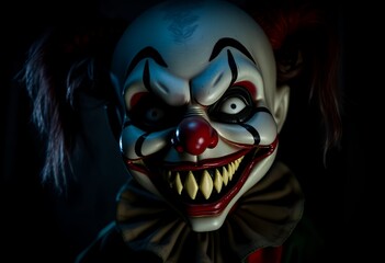 Creepy Clown Face with Evil Smile and Red Nose Close-Up
