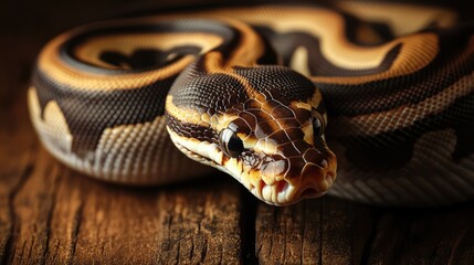Fototapeta premium A ball python coiled neatly on a wooden surface with a dark background, leaving space for text or branding.