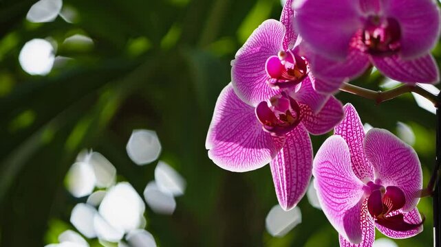 The video captures vibrant orchids against a lush, blurred green background, emphasizing natural beauty with a close-up camera angle.
