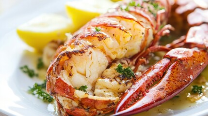 Grilled lobster tail with lemon and herbs on a white plate.