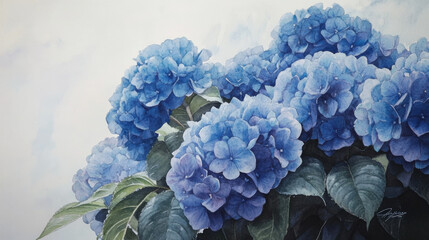 A stunning watercolor artwork of a cascading cluster of blue hydrangeas, with dewdrops glistening on the petals, creating a fresh and vibrant atmosphere