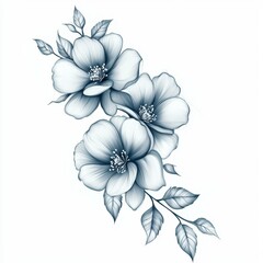 Elegant and Detailed Blue Floral Design Featuring Three Beautiful Flowers and Leaves on a Clean White Background