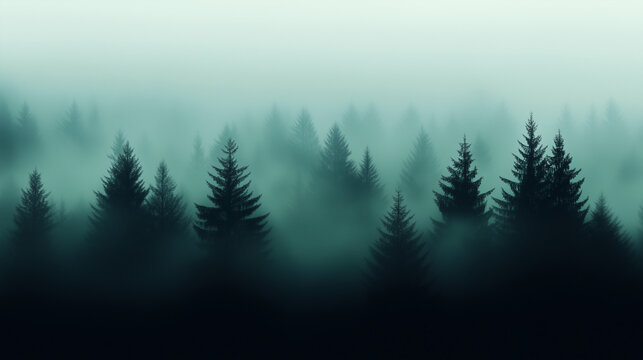 Misty forest landscape with dark evergreen trees and fog. - Powered by Adobe