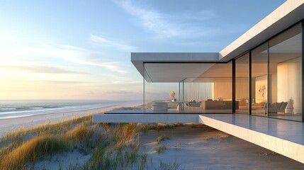 Modern beachfront house at sunrise