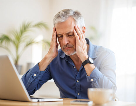 Serious millennial man using laptop sitting at the table in a home office, looking at the paper, communicating online, writing emails, distantly working or studying on computer at home.