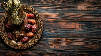 Fototapeta premium A beautifully crafted traditional Arabian coffee pot sits next to a plate filled with a delightful assortment of dates, all elegantly arranged on a rustic wooden table