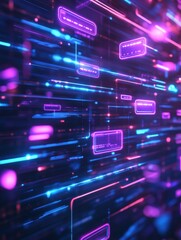 Floating message bubbles and glowing notifications in a vibrant social media chat interface at night. Generative AI
