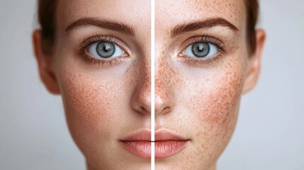 Before & after Woman's face with freckles and hyperpigmentation.