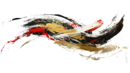Dynamic brushstrokes of red, gold, black, and white paint splashing with transparent background