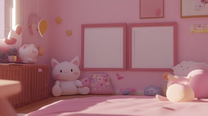 Pink room, toys, sunlight, frames, mockups, girl's room, decor,  pastel, 3D render