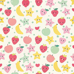 Seamless pattern of cute cartoon fruits and stars on a light background.