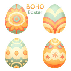 Colorful boho-style Easter eggs featuring intricate patterns and vibrant colors.