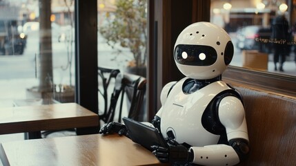 Robot using tablet in cafe.