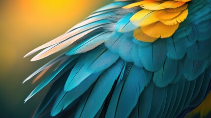 Obraz premium A parakeet's colorful feathers in close-up with blurred indoor light and clear copy space for designs.