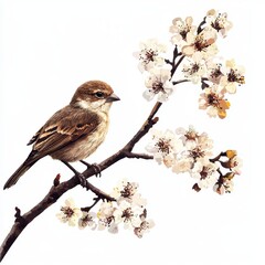 Fototapeta premium Beautiful sparrow perched on a blooming branch of cherry blossoms in soft pastel colors, capturing spring's essence.