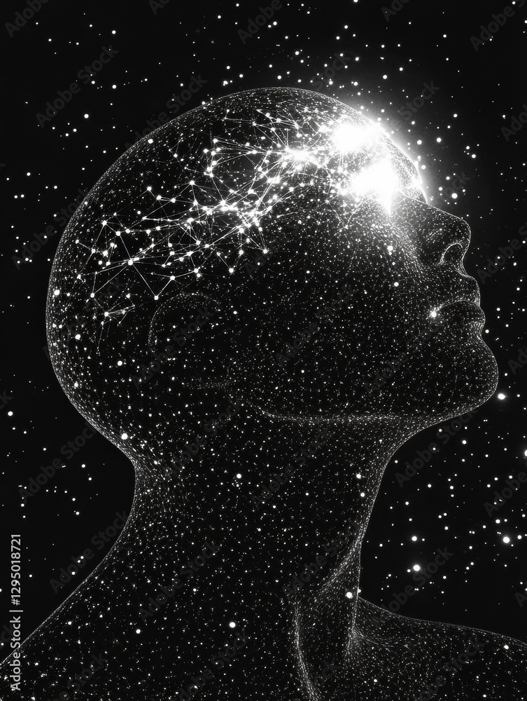 Poster Interconnected AI nodes illuminate human silhouette against cosmic cyberpunk backdrop. Generative AI