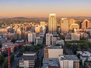 Fototapeta premium Portland, OR cityscape at sunrise. Modern and historic buildings, construction crane, and Mount Hood in the background. Urban development. Oregon, USA