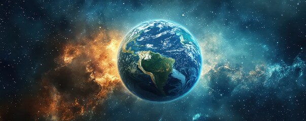 Obraz premium A breathtaking aerial view of Earth in the vastness of space, surrounded by a vibrant, bright orange nebula.