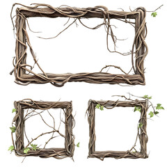 Three frames of interwoven vines create a rustic, nature-inspired design element isolated on transparent background