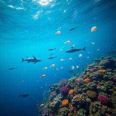 Fototapeta premium Pristine Plastic-Free Ocean with Vibrant Marine Life and Coral Reefs