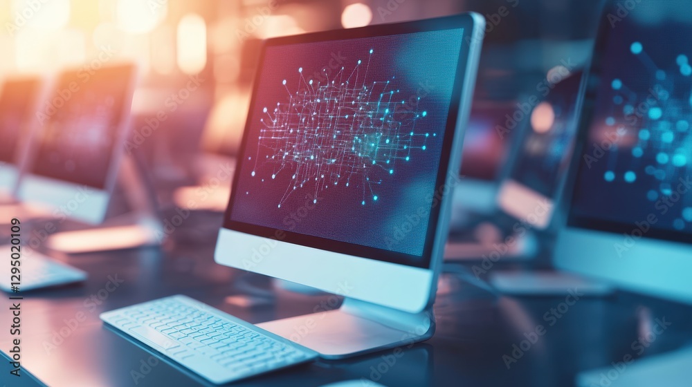 Poster computer screen displaying a blue and white graphic with photo editing software interface open