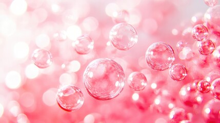 Fototapeta premium Floating translucent pink bubbles against a light and dreamy background, leaving space for creative text or graphics.