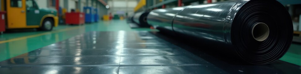 Obraz premium Rolled black plastic sheeting, industrial setting, plastic, ground cover