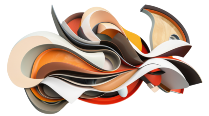 Abstract sculpture flowing with colorful layers on transparent background