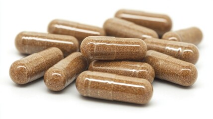 Close-up of brown capsules on white background.