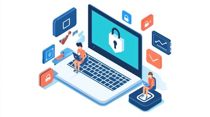 Two people working on laptops with cybersecurity icons.