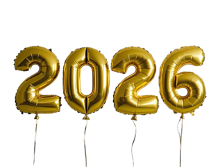 A stylish sequence of gold balloons numbered 2026 on a transparent background, showcasing a chic and elegant design
