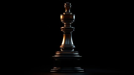 Isolated metallic chess king piece on black background.