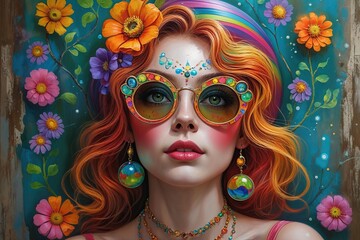 Obraz premium Vintage Hand-Painted Groovy Decor for Enchanted Ambiance in Funky Colors