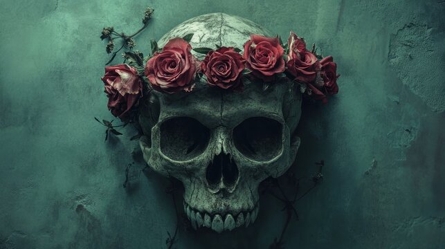 Skull with rose crown, dark background, memento mori
