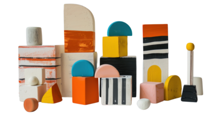 Colorful wooden blocks and shapes creating an abstract composition on transparent background