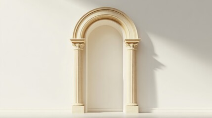 Elegant arched doorway, classic columns, white wall, sunlight. Interior design, home decor