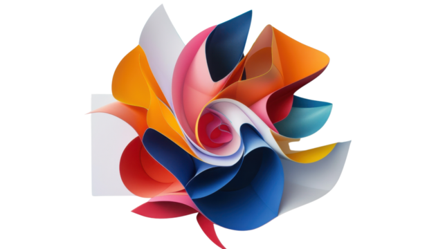 Colorful paper strips creating abstract flower shape on transparent background