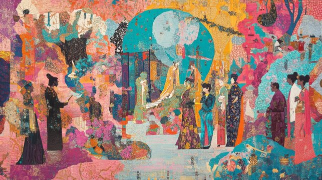 Vibrant cultural festival scene with diverse characters celebrating under a moonlit sky