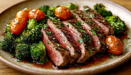 Sliced steak, broccoli, tomatoes