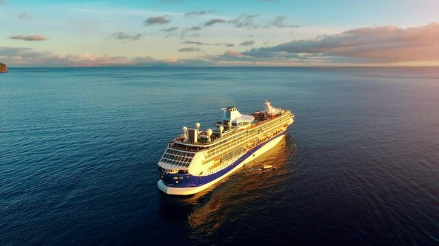 Luxury cruise ship navigating calm ocean waters during a stunning sunset, showcasing an unforgettable travel experience